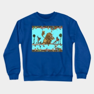 WEIRD MEDIEVAL BESTIARY MAKING MUSIC Violinist Lion,Hare,Snail Cat in Blue Turquoise Crewneck Sweatshirt